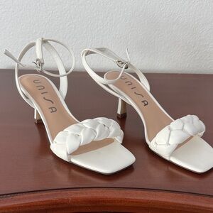 Unisa White Braided Strap Mid-Heel Sandals